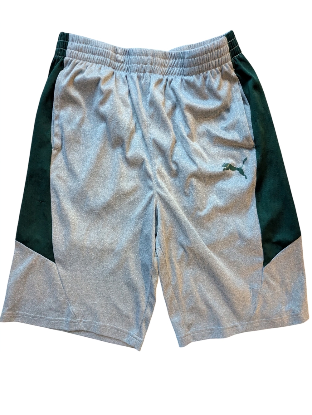 Puma Men's Light Gray Athletic Shorts with Dark Green Panels S Men 18-20 Teen